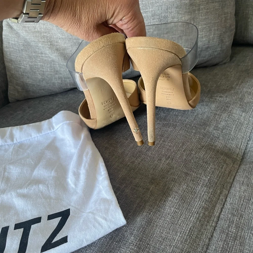 SCHUTZ Beige Mules Suade pumps sandals with clear Strap size 8 - Picture 4 of 9